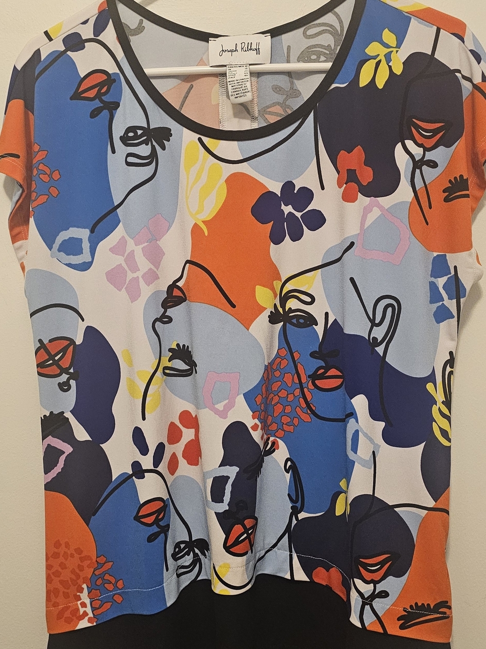 Joseph Ribkoff Blue Orange Multicolor Abstract Face Print Short Sleeve Top
